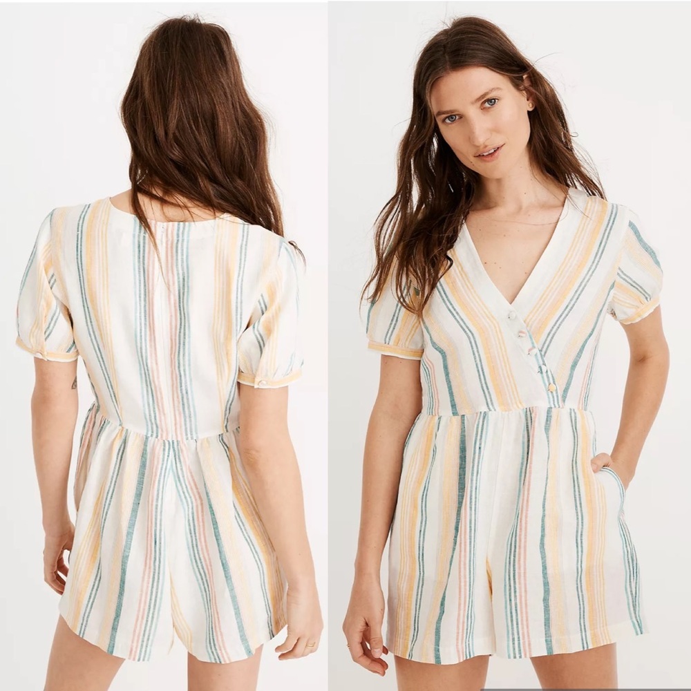 Madewell Linen Button-Wrap Romper in Stripe L3445